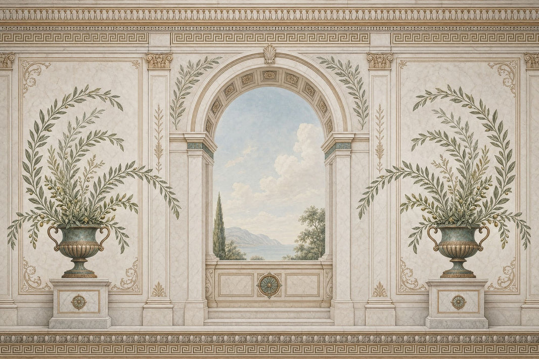 Classical Archway Wallpaper Mediterranean Villa Greek Key Border Removable Wall Decor pattern artwork