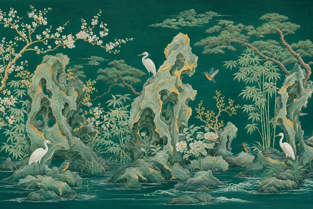 Dark Teal Green Wallpaper East Asian Landscape Removable Gold Accents Wall Decor pattern artwork
