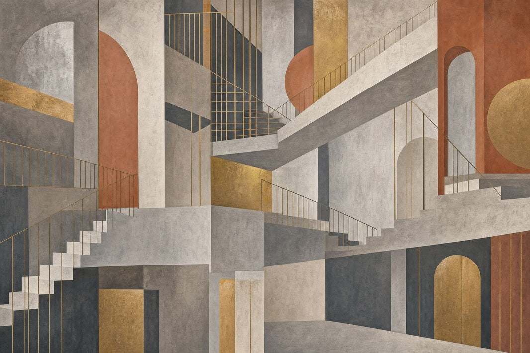 Architectural Stairs Wallpaper Abstract Geometric Removable Gold Linework Wall Decor pattern artwork