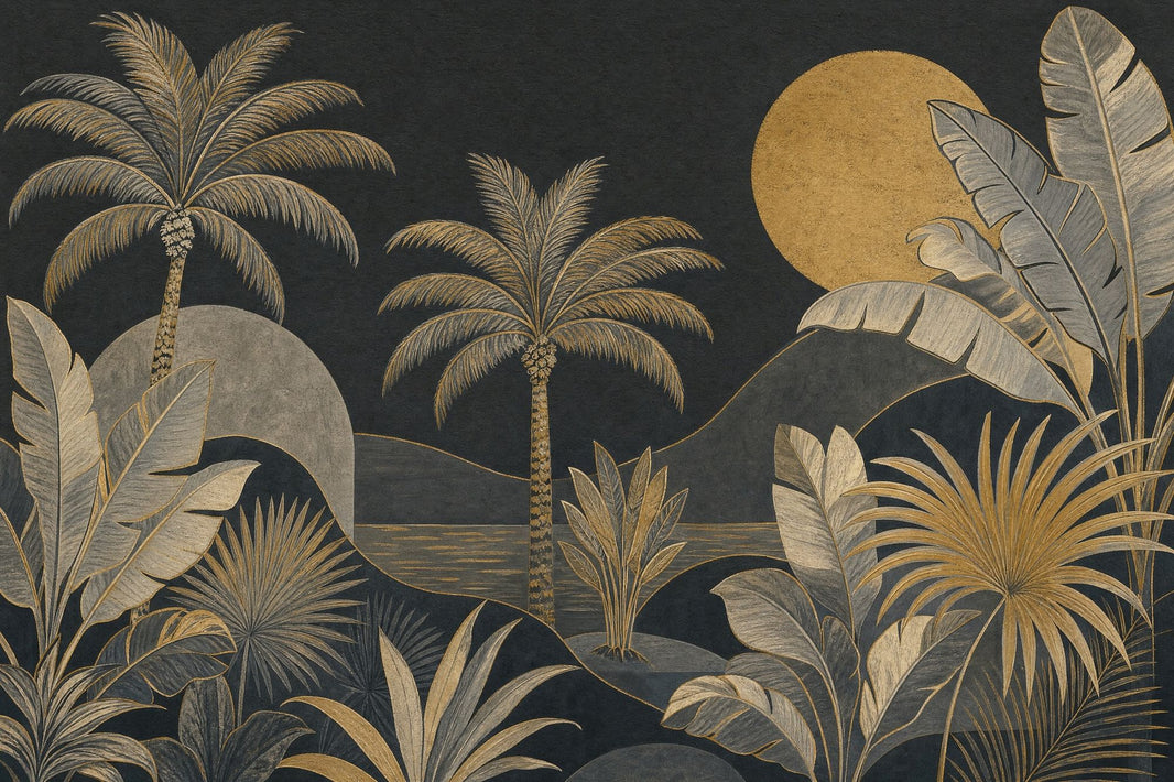 Dark Tropical Landscape Wallpaper Palm Trees Gold Sun Removable Wall Decor pattern artwork