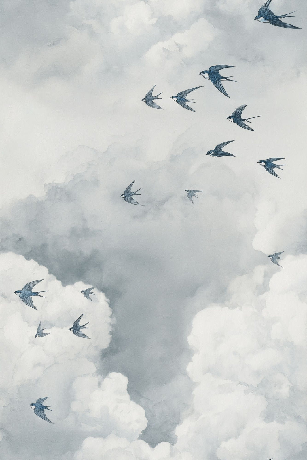 Cloudscape Wallpaper Swallows Watercolor Decorative Mural pattern artwork