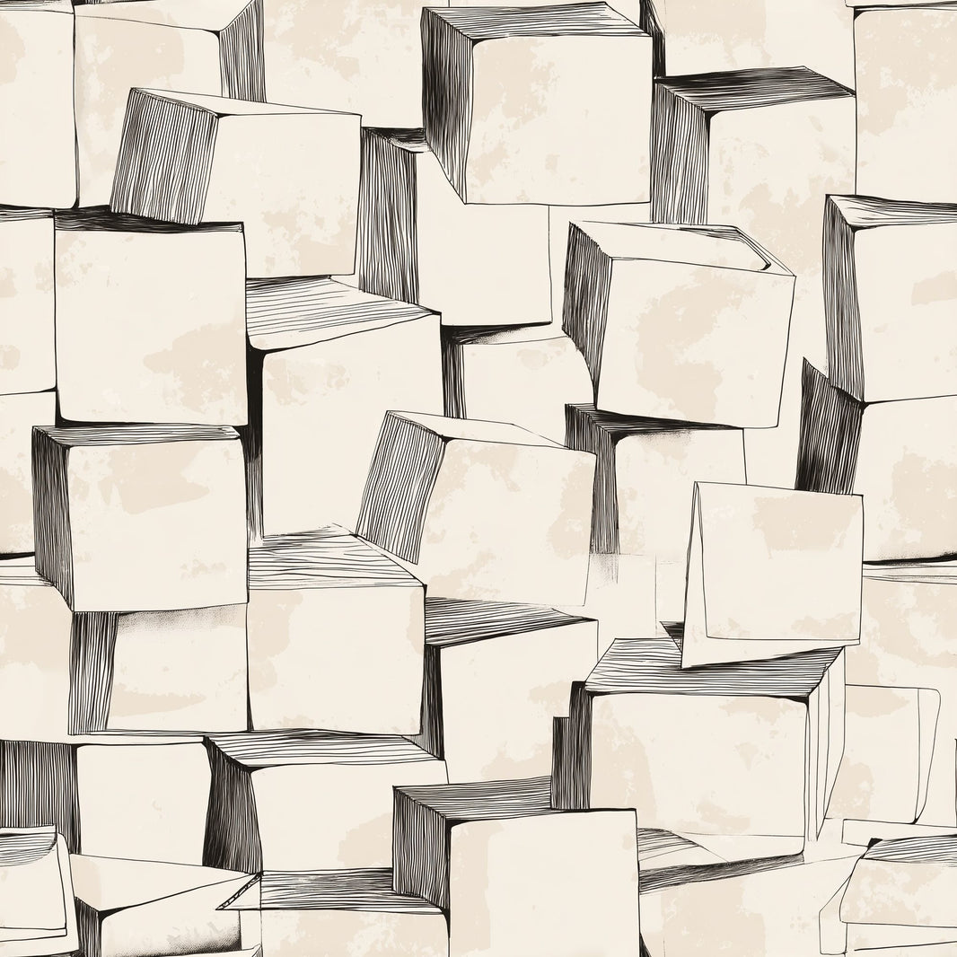 Stacked Cubes Wallpaper 3D Blocks Removable Black Ink Linework Wall Double Roll pattern artwork