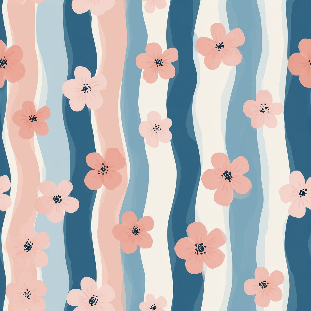 Pink Blossoms Wallpaper Wavy Stripes Modern Decorative Mural pattern artwork