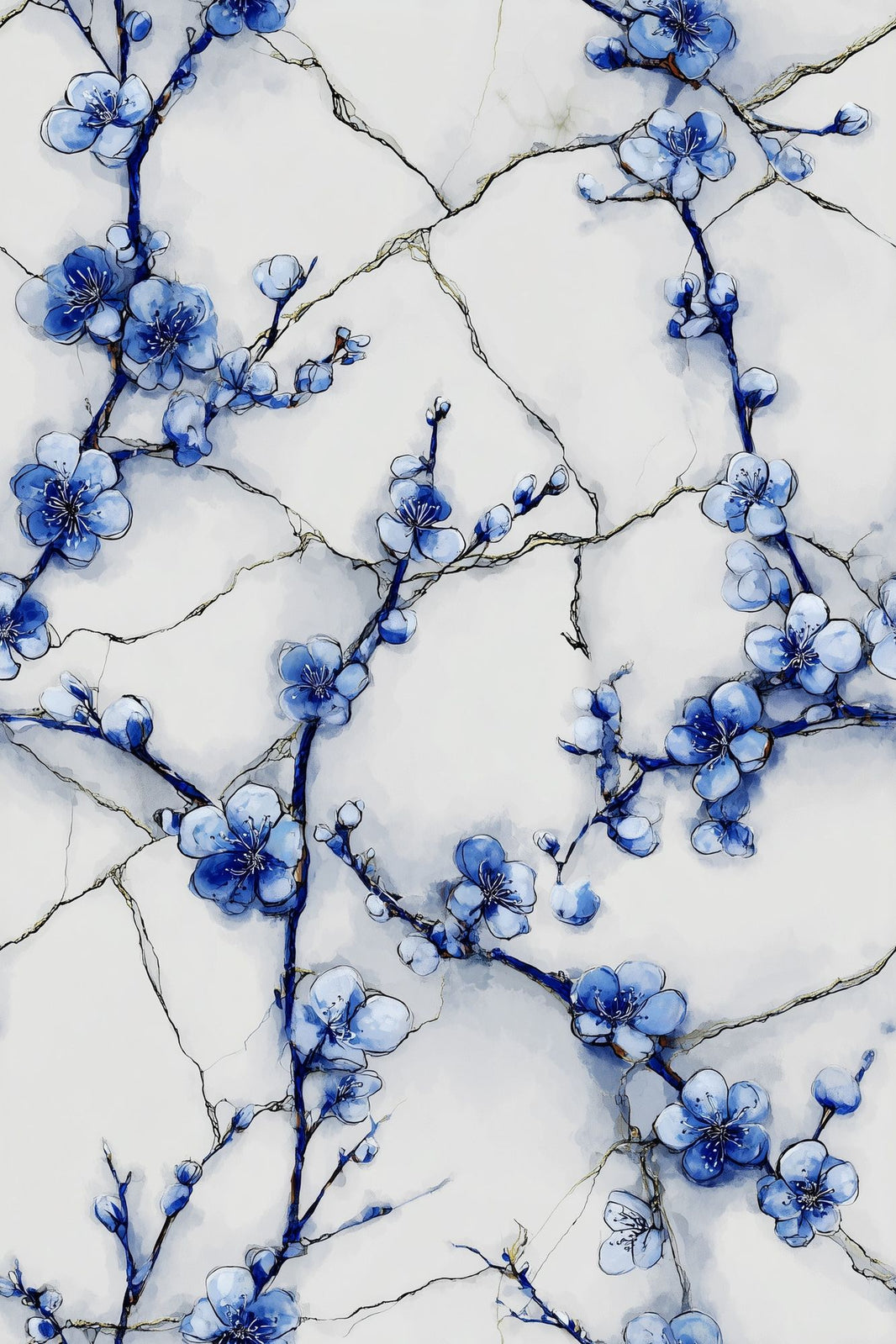 Blue Floral Wallpaper Cherry Blossoms Watercolor Removable Wall Decor pattern artwork