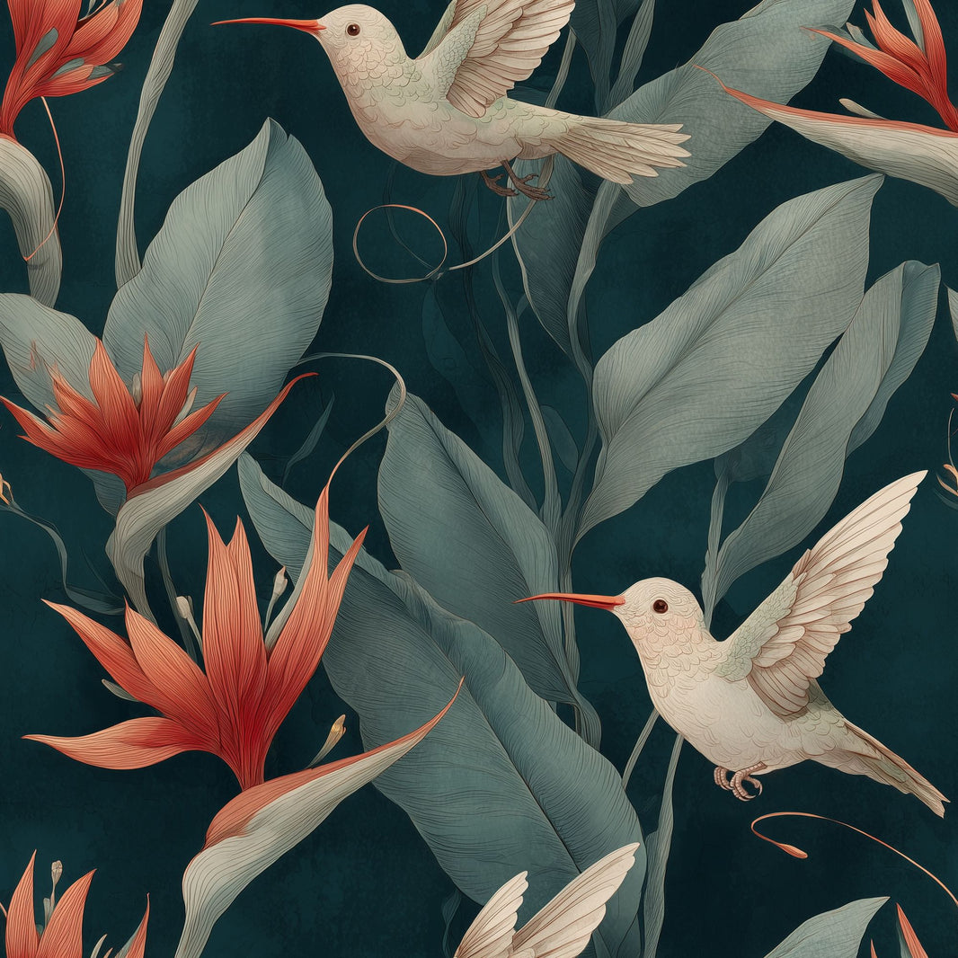 Tropical Botanical Wallpaper Hummingbirds Moody Nature Decorative Mural pattern artwork