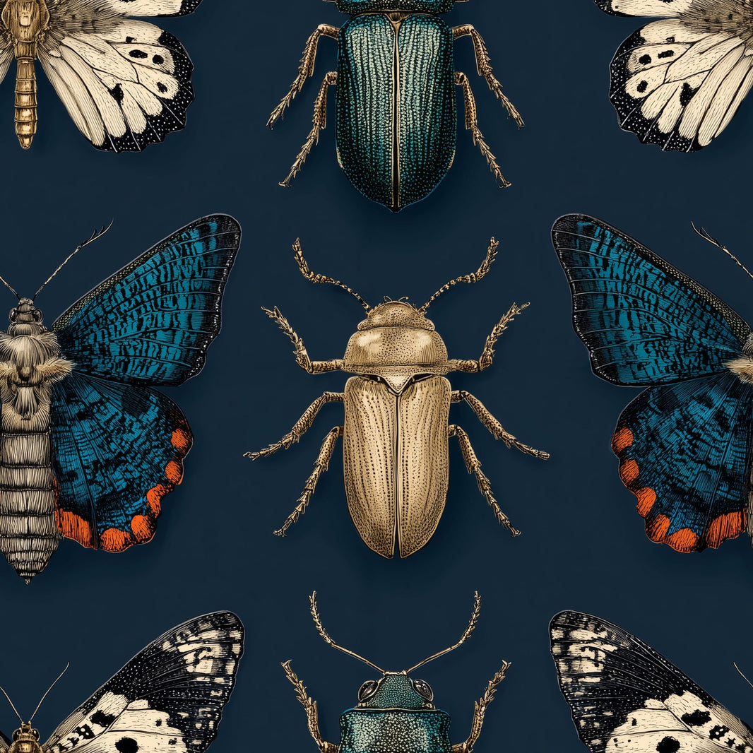 Vintage Entomology Wallpaper Dark Navy Background Butterflies And Beetles Decorative Mural pattern artwork