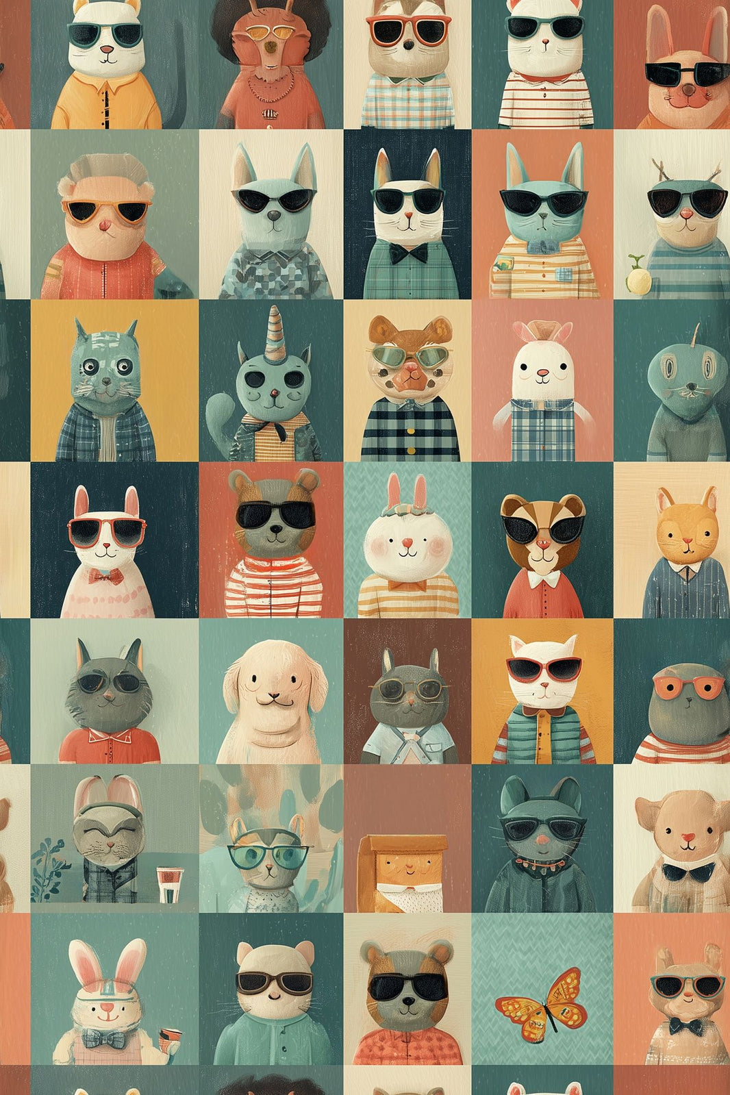 Cute Animal Portraits Wallpaper Grid Tiles Retro Sunglasses Decorative Mural pattern artwork