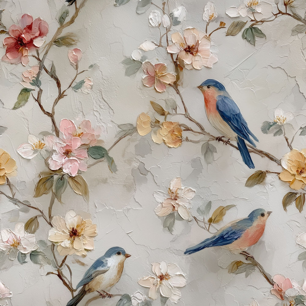 Muted Green Wallpaper Blue Birds Vintage Removable Wall Decor pattern artwork