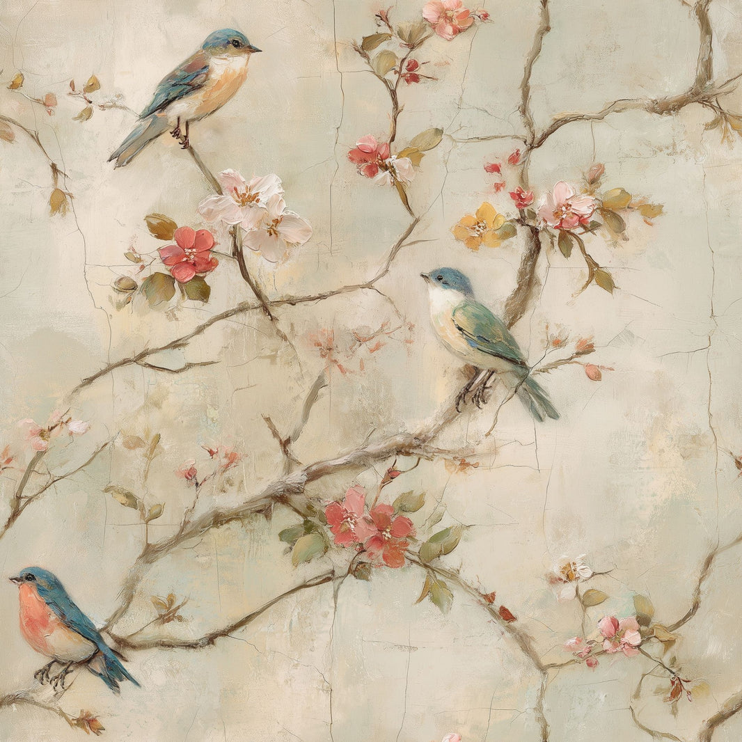 Floral Branches Wallpaper Songbirds Removable Vintage Fresco Wall Double Roll pattern artwork