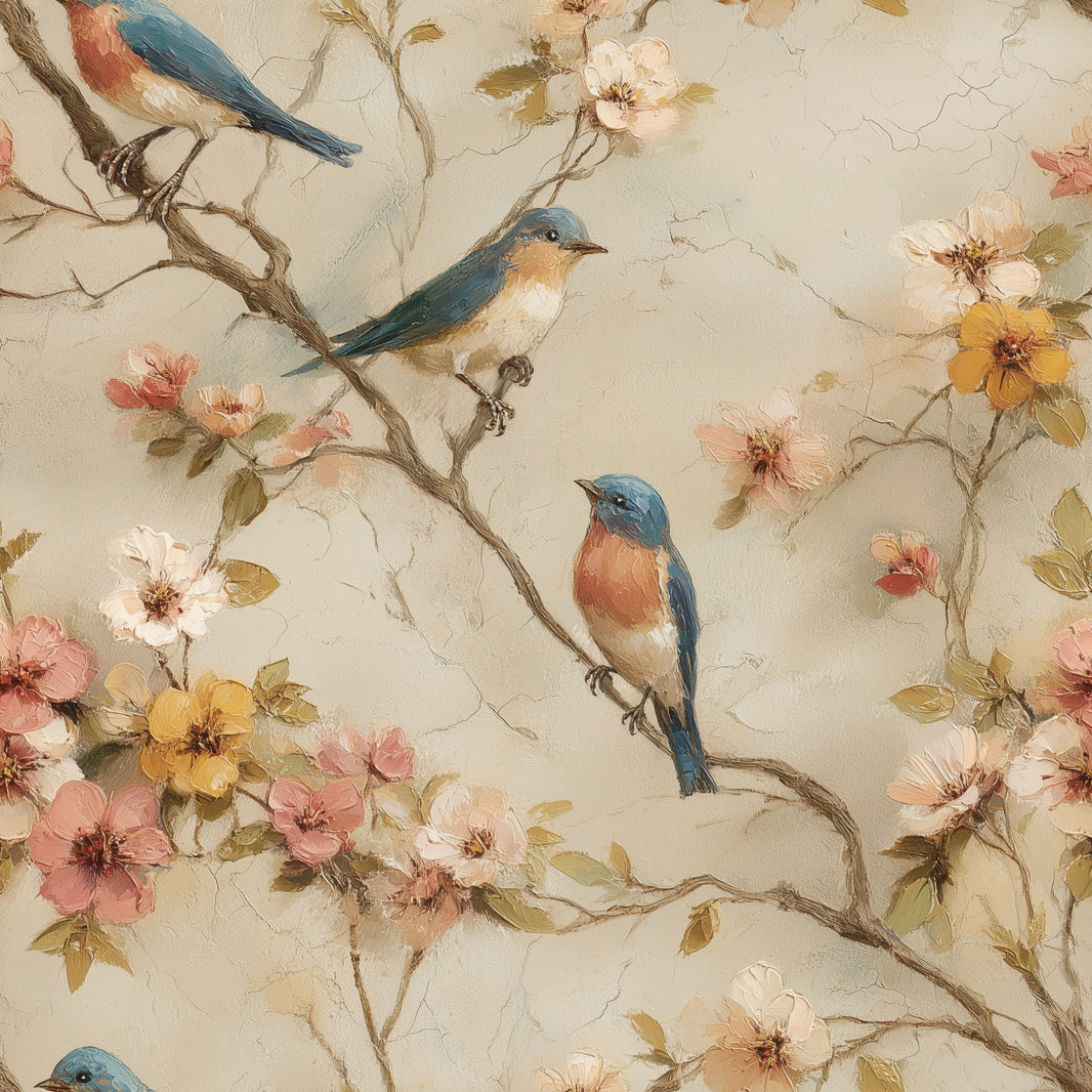 Muted Green Wallpaper Botanical Birds Decorative Mural pattern artwork