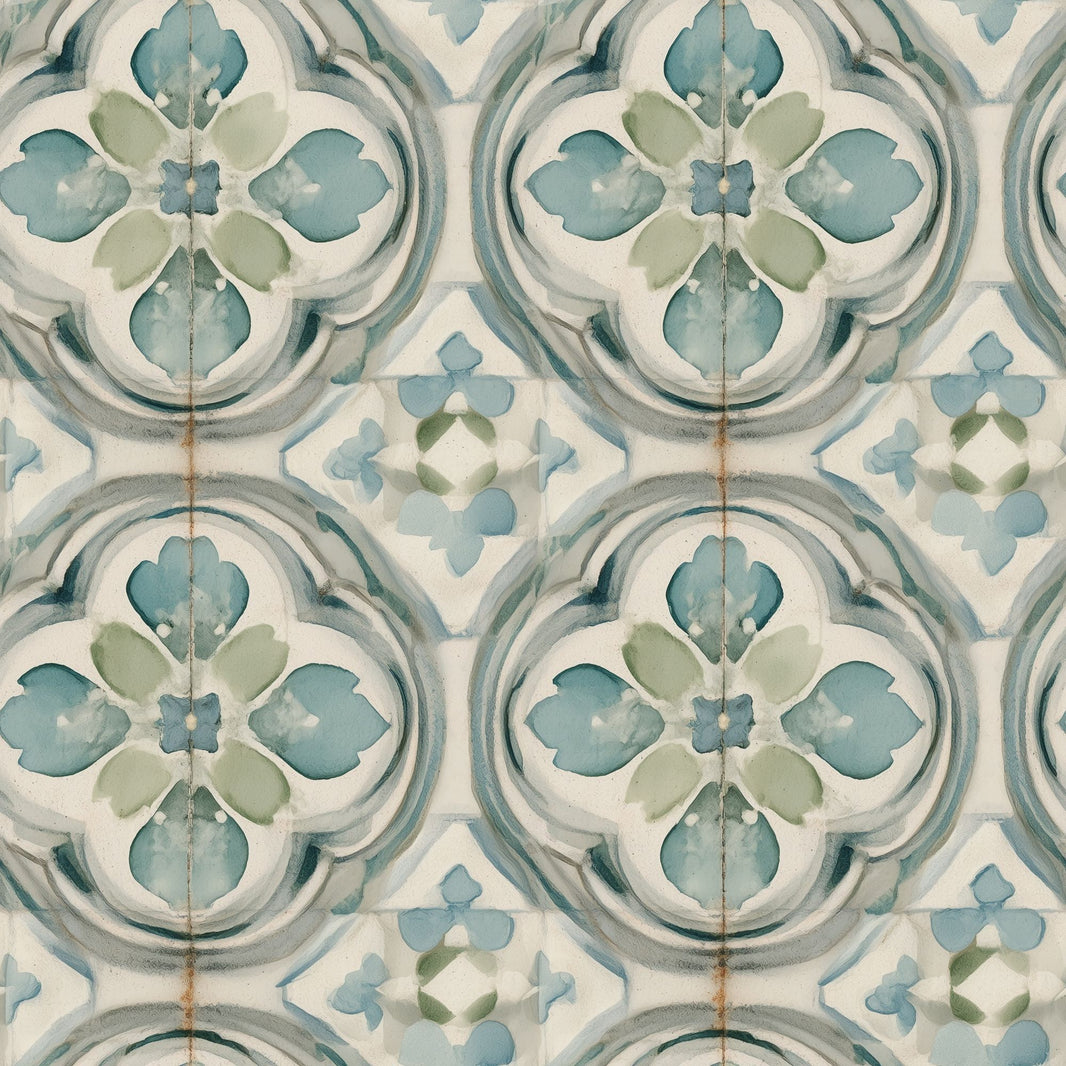 Moroccan Tile Wallpaper Watercolor Teal Blue Decorative Mural pattern artwork