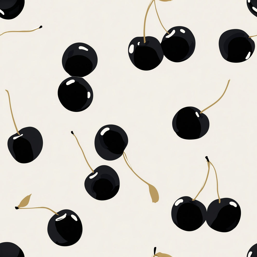 Cherries Wallpaper Black Fruit Cream Background Removable Wall Decor pattern artwork