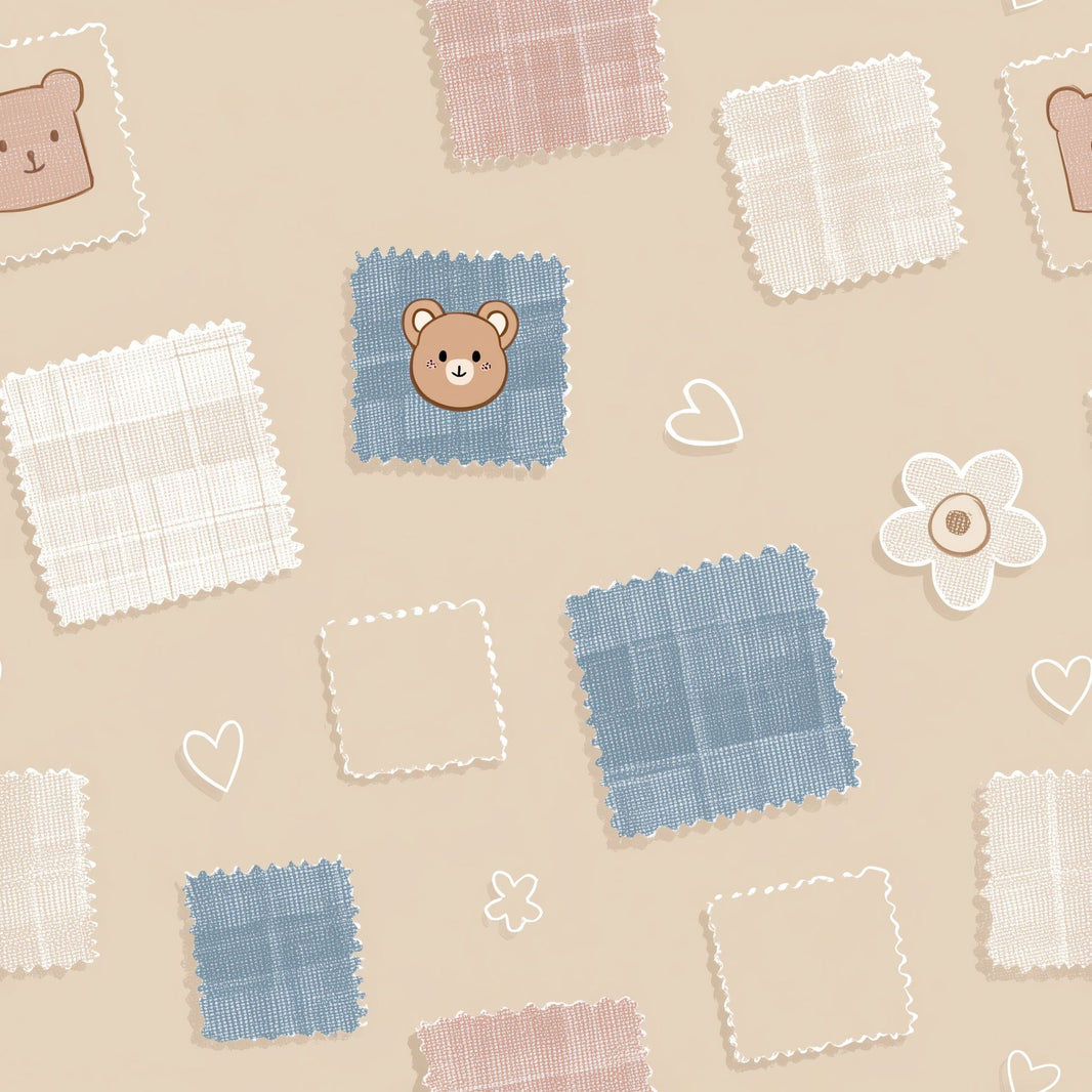 Patchwork Wallpaper Fabric Swatches Removable Teddy Bear Wall Double Roll pattern artwork