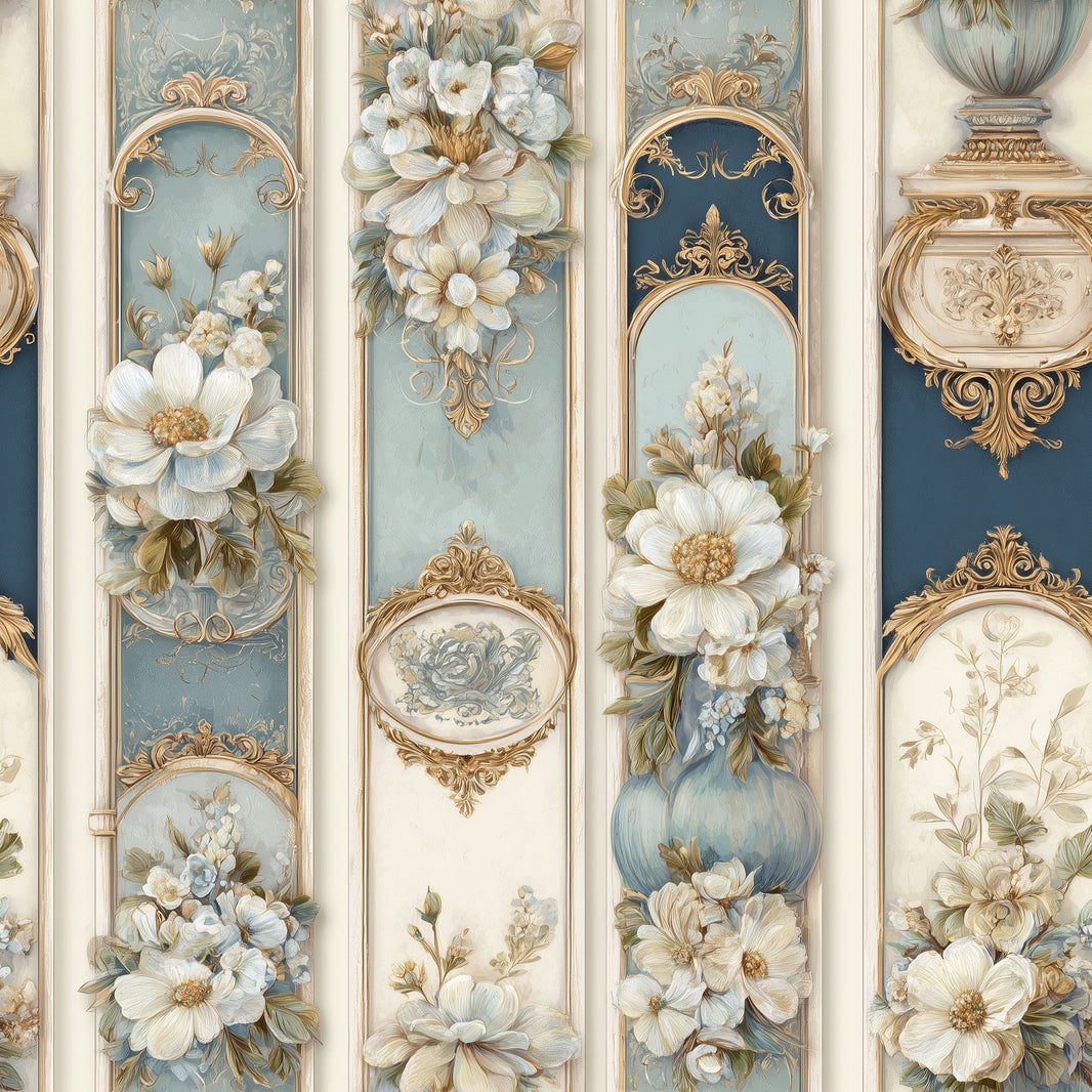 Floral Panels Wallpaper White Blossoms Gold Scrollwork Removable Wall Decor pattern artwork