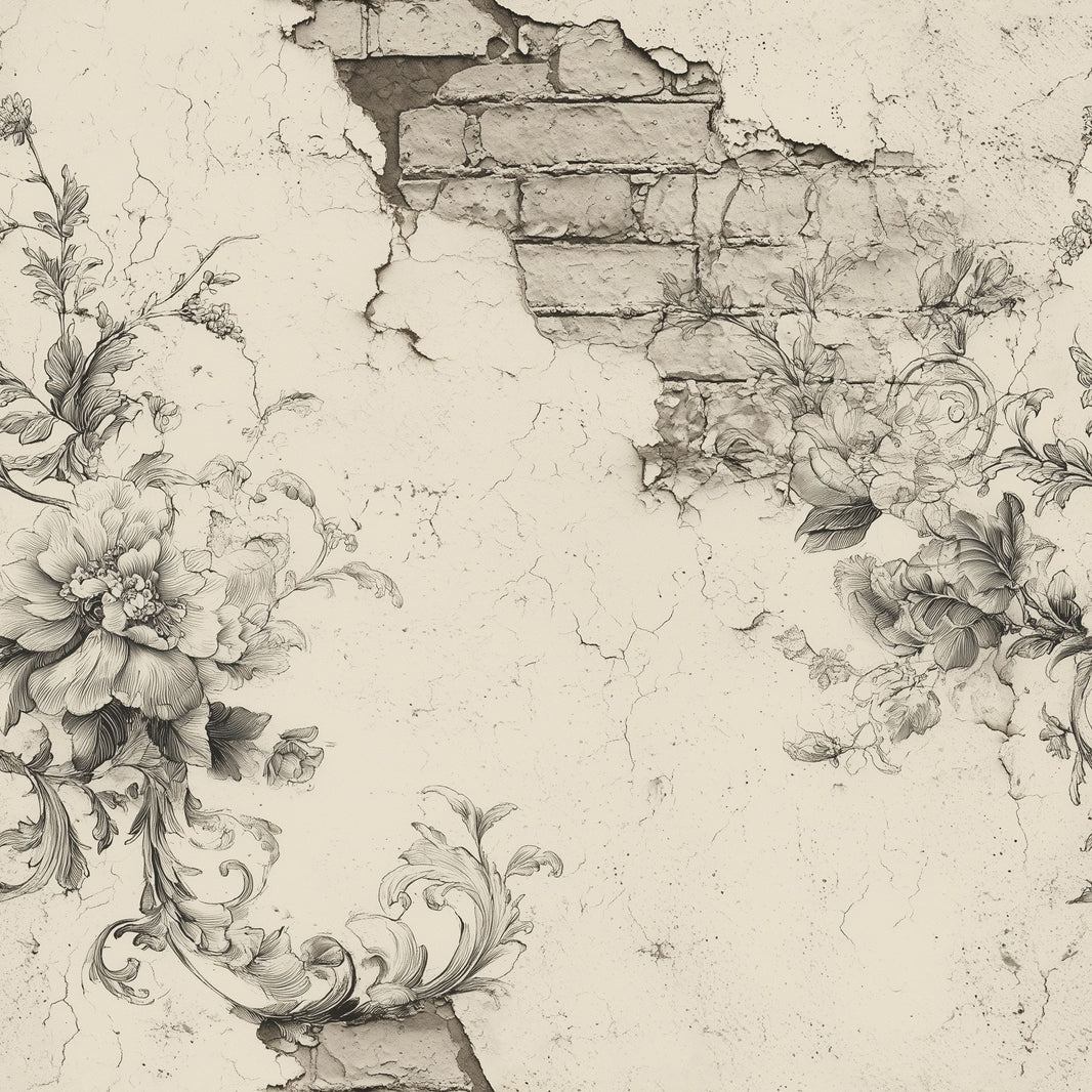 Vintage Floral Sketch Wallpaper Distressed Plaster Removable Exposed Brick Wall Double Roll pattern artwork