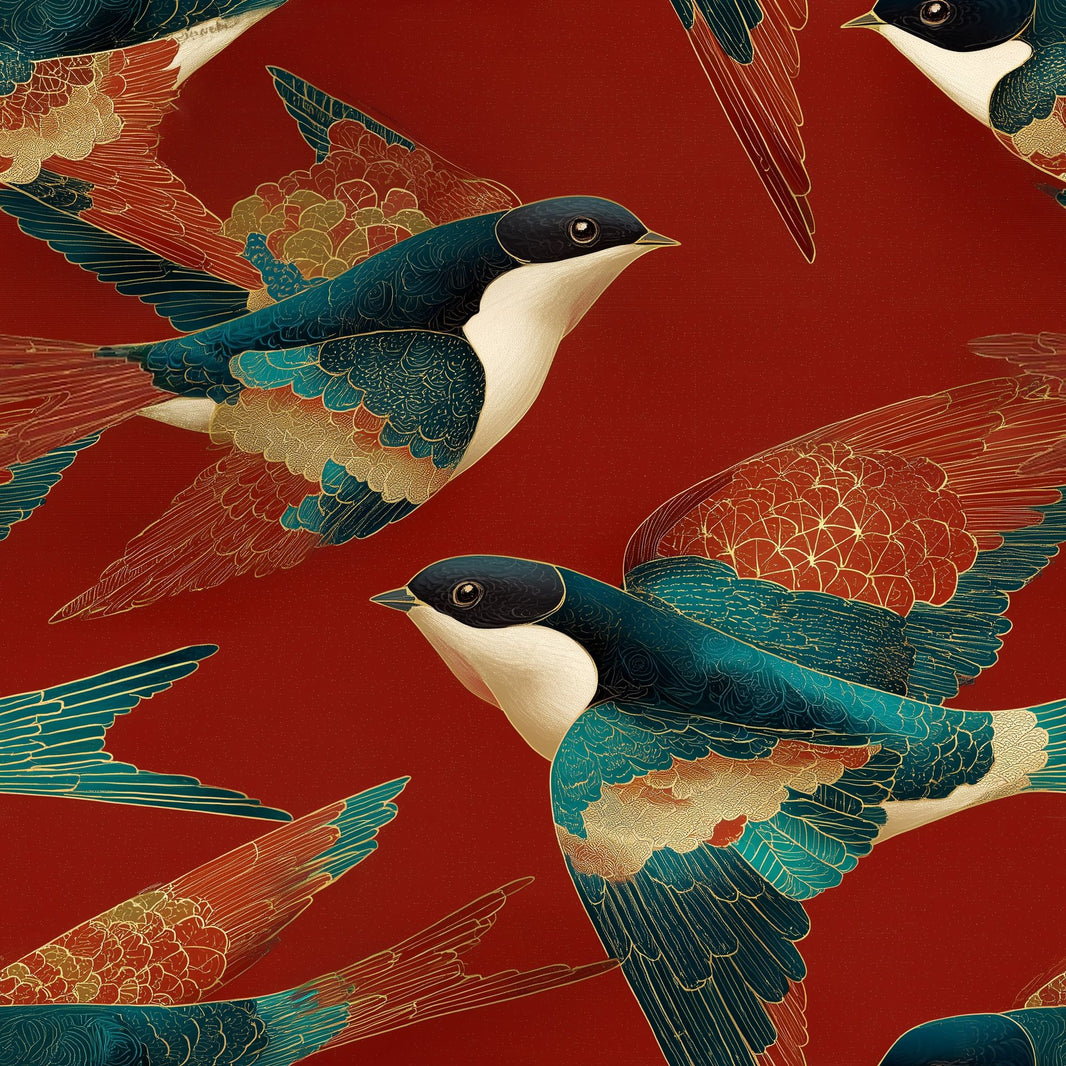 Swallows Wallpaper Birds In Flight Dark Red Background Decorative Mural pattern artwork