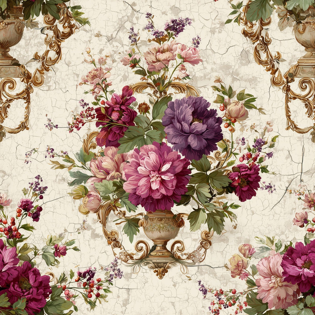 Floral Bouquet Wallpaper Ornate Gold Scrollwork Vintage Crackle Background Removable Wall Decor pattern artwork