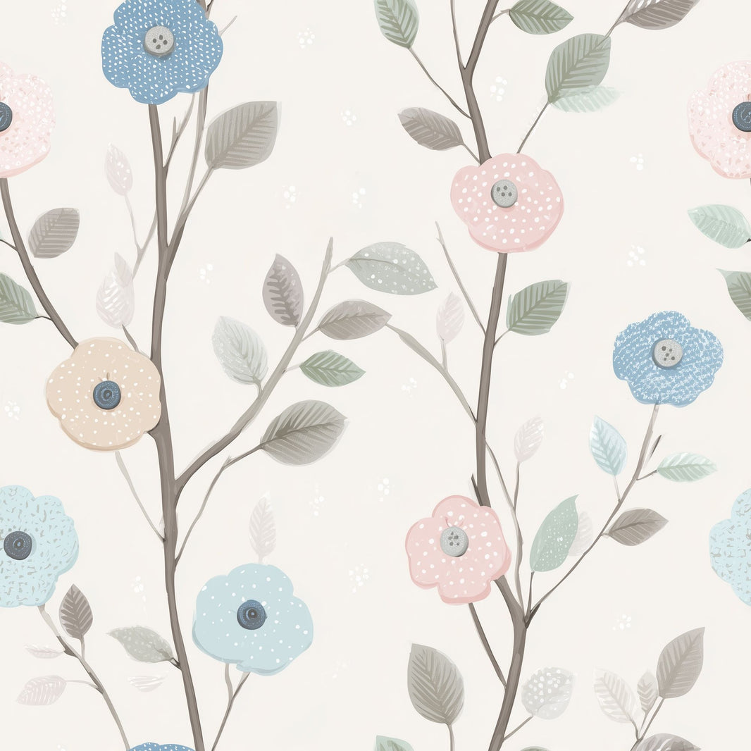 Pastel Floral Wallpaper Botanical Branches Cream Background Decorative Mural pattern artwork