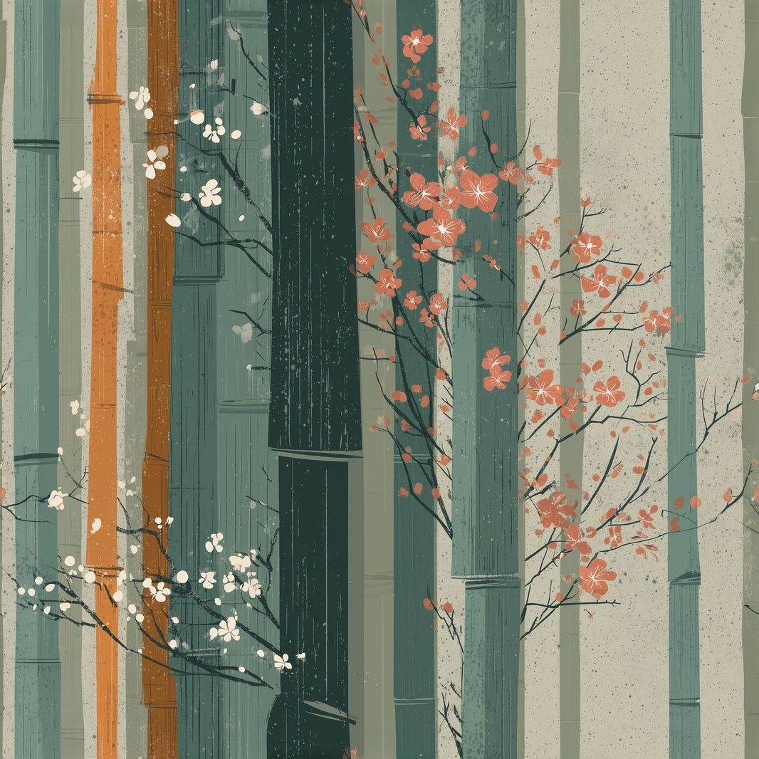 Bamboo Wallpaper Cherry Blossom Japanese Inspired Removable Wall Decor pattern artwork
