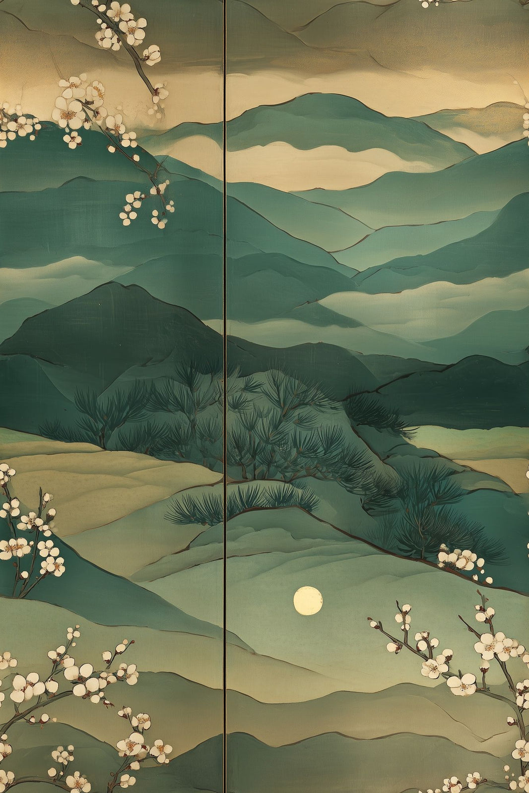 Layered Mountains Wallpaper Misty Landscape Teal Green Decorative Mural pattern artwork