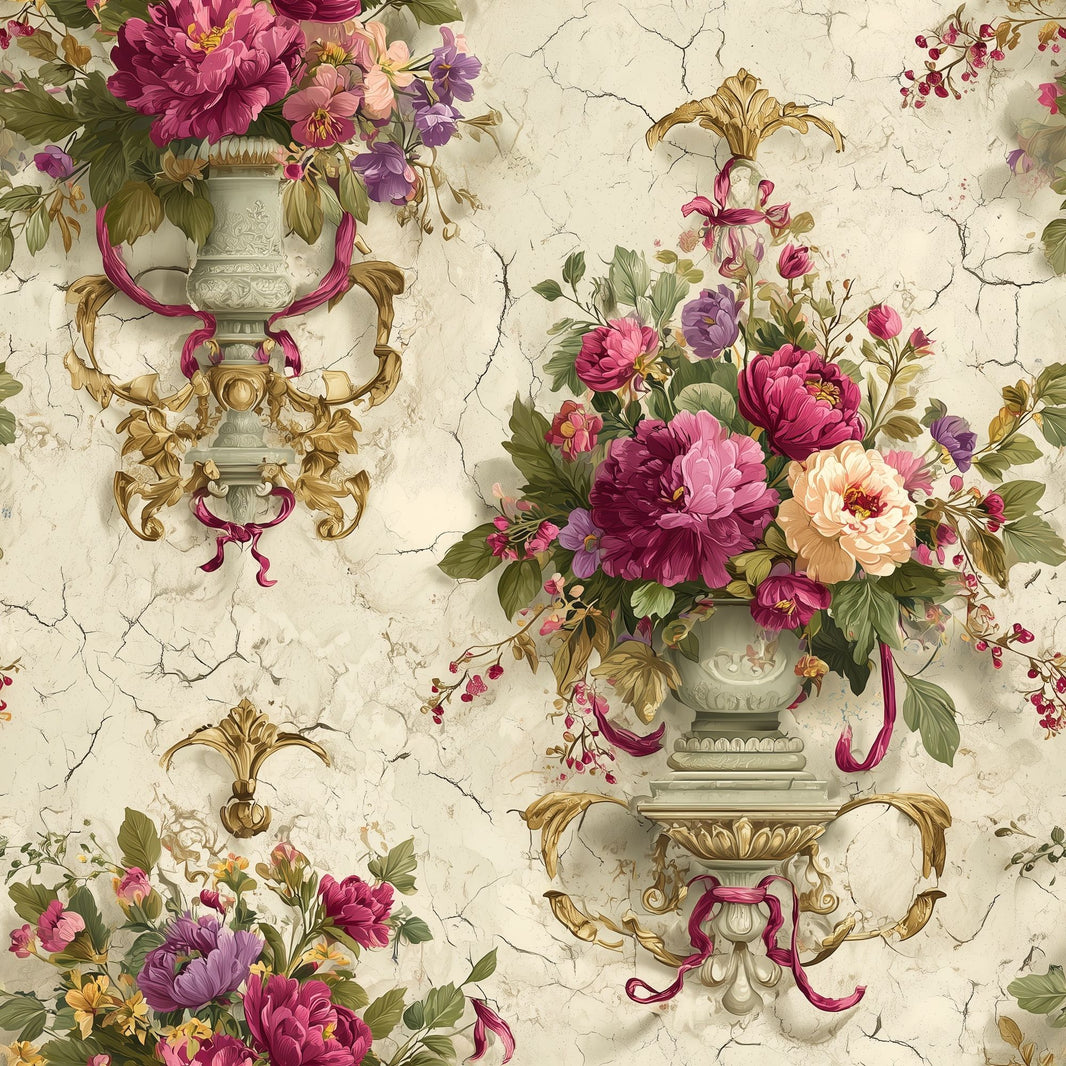Vintage Floral Wallpaper Peonies Removable Ornate Urns Wall Double Roll pattern artwork