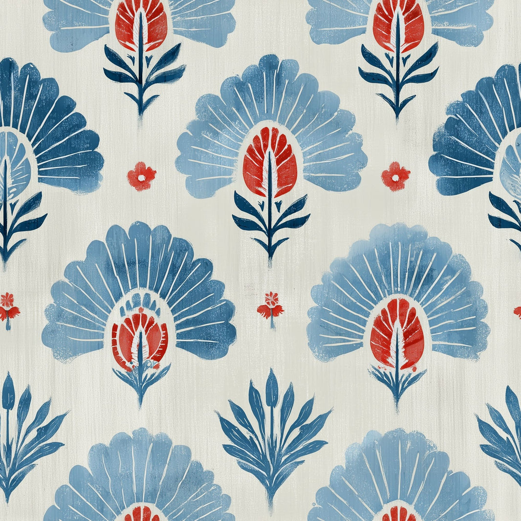 Folk Art Wallpaper Block Print Floral Decorative Mural pattern artwork
