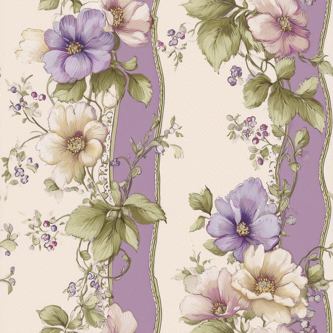 Floral Wallpaper Purple Striped Background Removable Botanical Illustration Wall Double Roll pattern artwork
