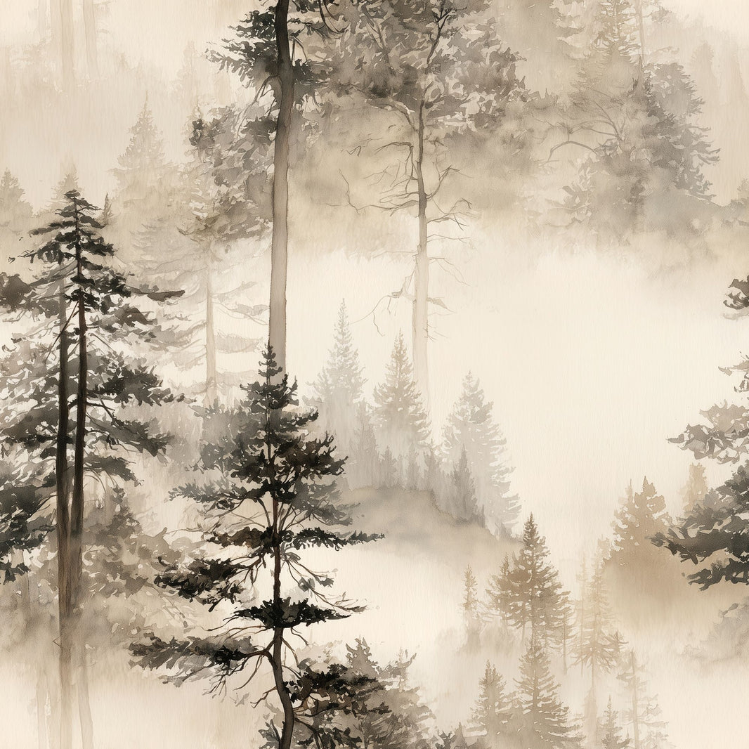 Misty Forest Wallpaper Foggy Woodland Tree Silhouette Decorative Mural pattern artwork