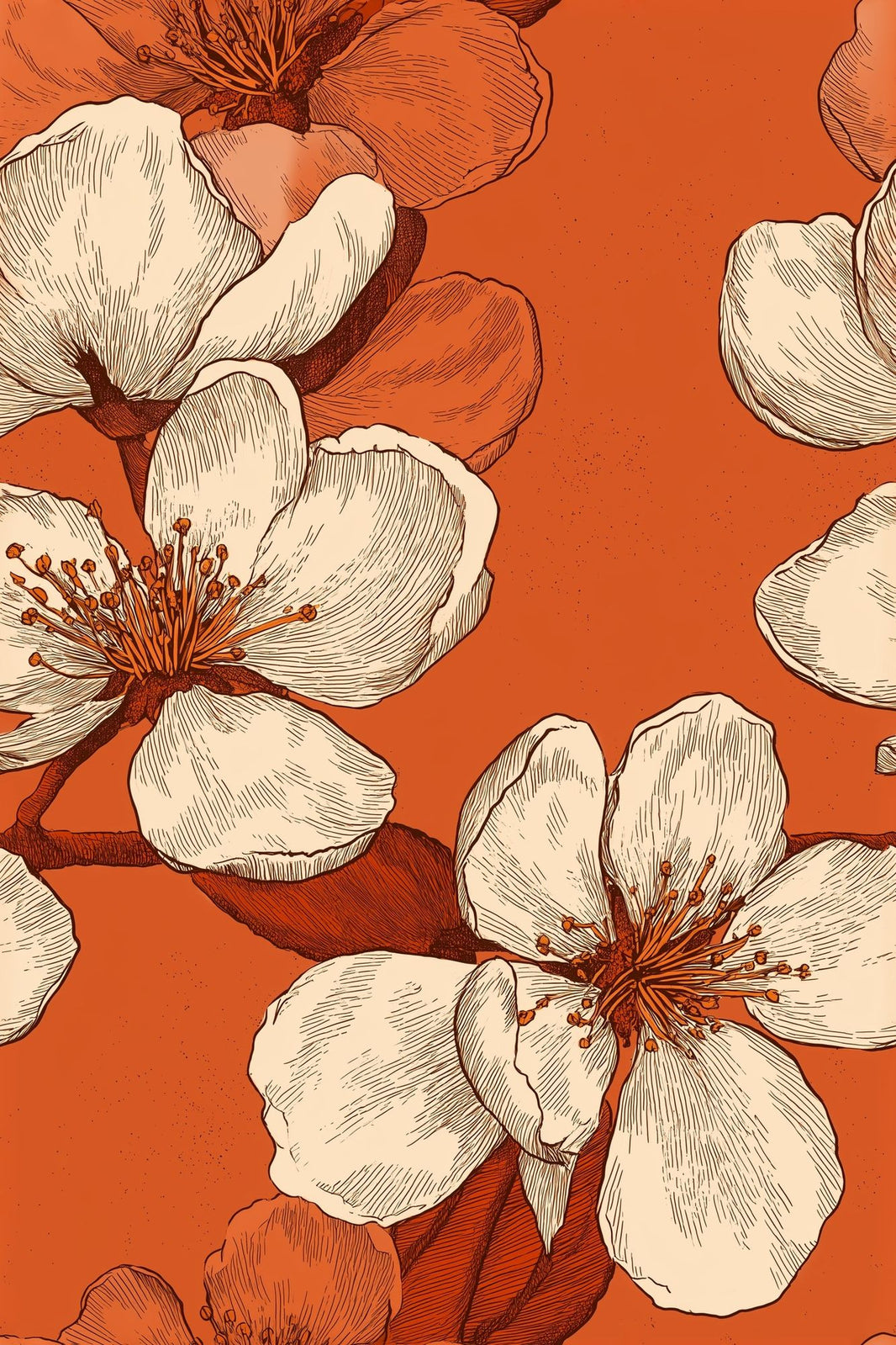 Oversized Blossoms Wallpaper Botanical Sketch Terracotta Orange Background Removable Wall Decor pattern artwork