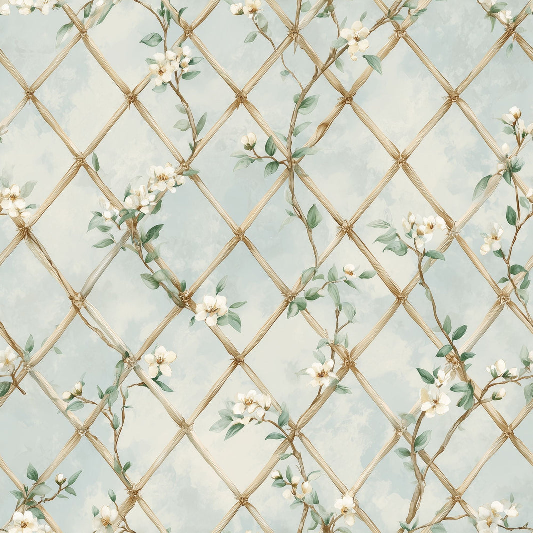 Trellis Lattice Wallpaper Bamboo Rattan White Blossoms Decorative Mural pattern artwork
