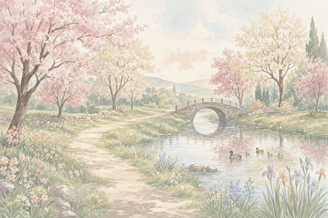 Pastel Watercolor Wallpaper Spring Landscape Removable Stone Bridge Wall Decor pattern artwork