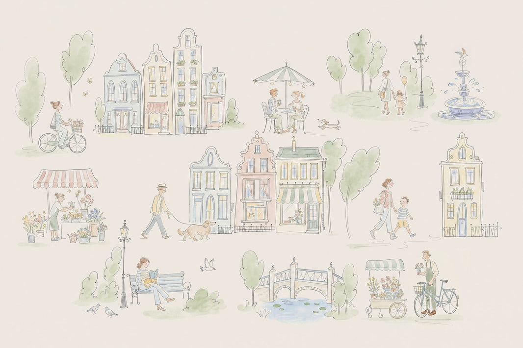 Watercolor Cityscape Wallpaper European Town Removable Canal Houses Wall Decor pattern artwork