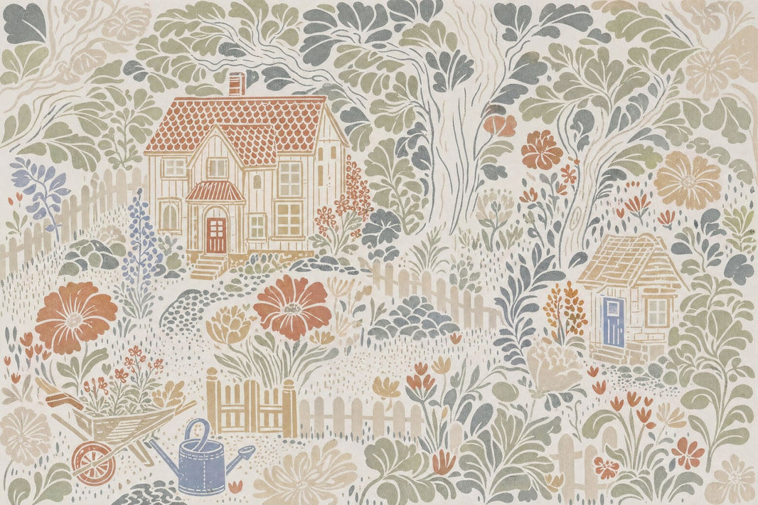 Cottage Garden Wallpaper Pastoral Landscape Toile Illustration Removable Wall Decor pattern artwork
