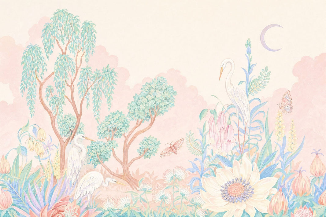 Pastel Watercolor Wallpaper Floral Landscape Removable Herons Egrets Wall Decor pattern artwork