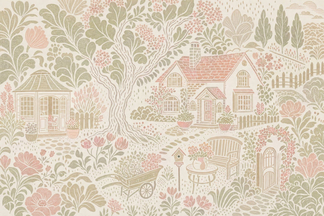 Pastoral Garden Wallpaper Toile Illustration Cottage House Removable Wall Decor pattern artwork