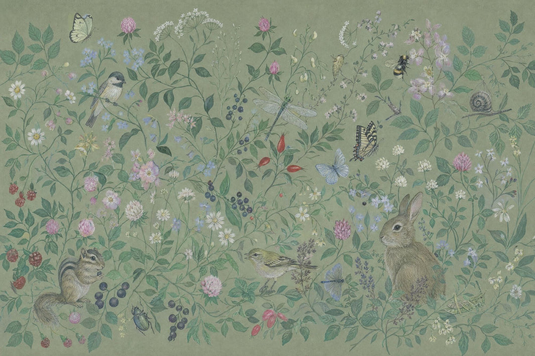 Woodland Wildlife Wallpaper Green Floral Meadow Wall Mural pattern artwork