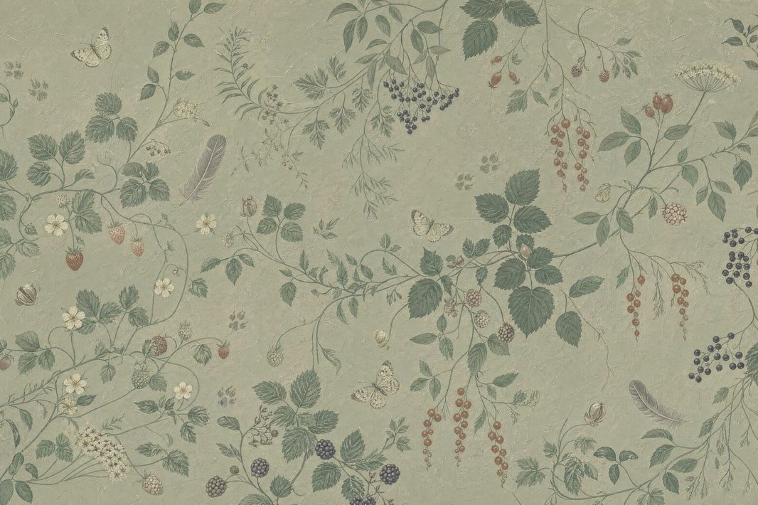 Botanical Vine Wallpaper Soft Green Berries Wall Mural pattern artwork
