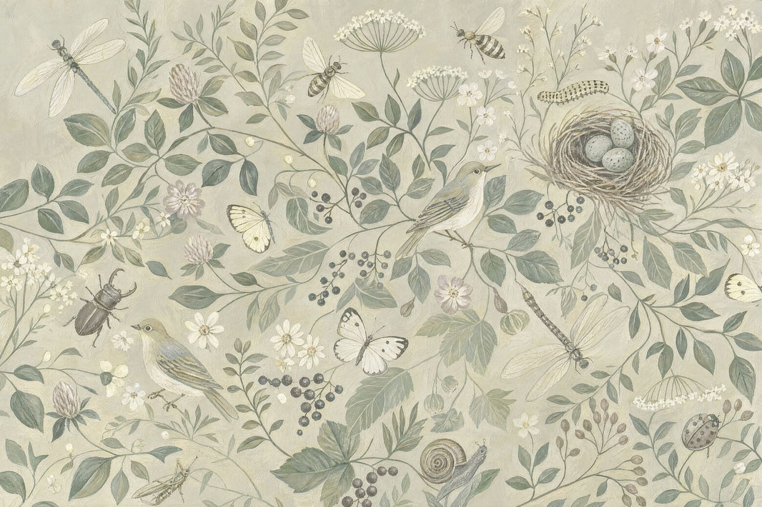 Vintage Botanical Wallpaper Birds and Nest Wall Mural pattern artwork