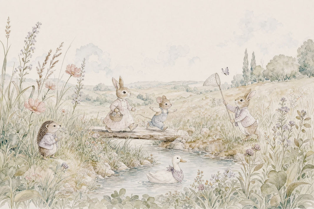 Woodland Bunny Wallpaper Watercolor Meadow Scene Wall Mural pattern artwork