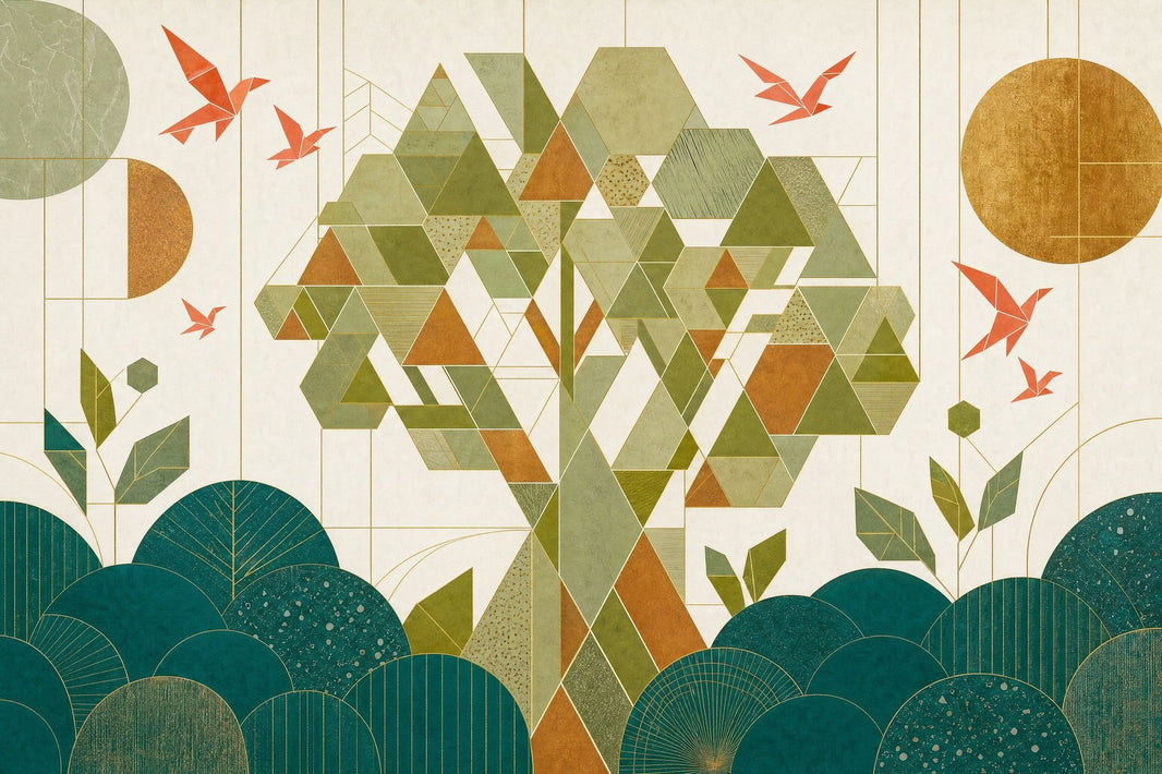 Geometric Tree Wallpaper Green Mosaic Shapes Wall Mural pattern artwork