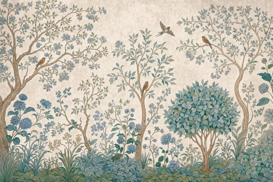 Blue Blossom Bird Wallpaper Vintage Botanical Wall Mural pattern artwork