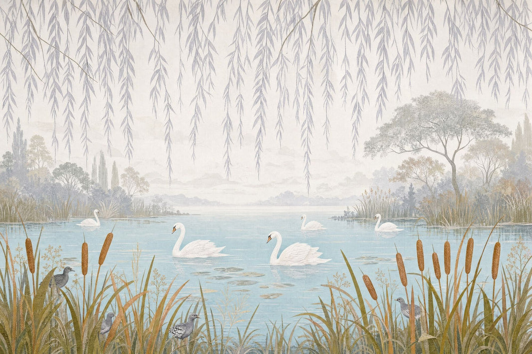 Swan Lake Wallpaper Willow Branches Scenic Wall Mural pattern artwork