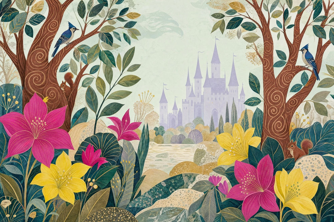 Fairytale Forest Wallpaper Castle Landscape Wall Mural pattern artwork