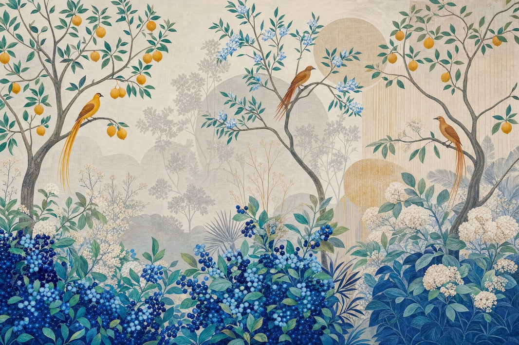 Chinoiserie Bird Wallpaper Blue Berries Botanical Wall Mural pattern artwork