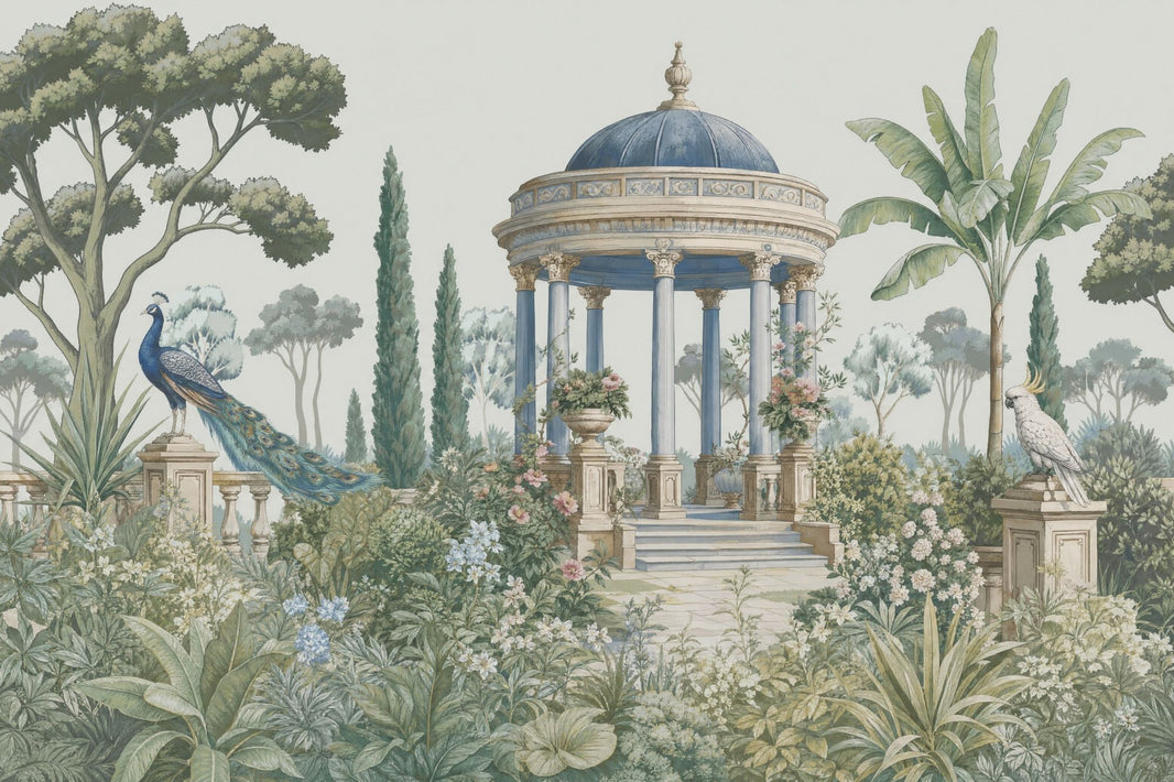 Garden Pavilion Wallpaper Peacock Scenic Wall Mural pattern artwork
