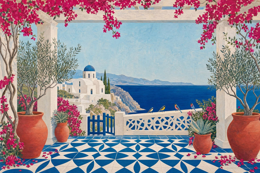 Mediterranean Coastal Wallpaper Santorini Terrace Scene Wall Mural pattern artwork