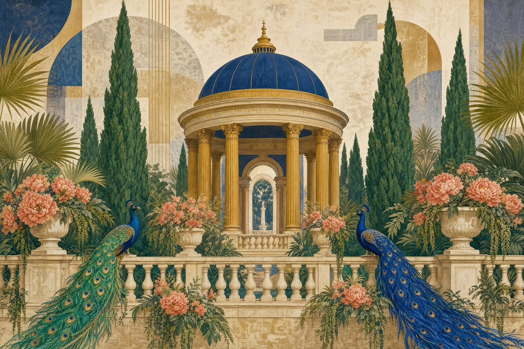 Peacock Garden Wallpaper Classical Pavilion Landscape Wall Mural pattern artwork