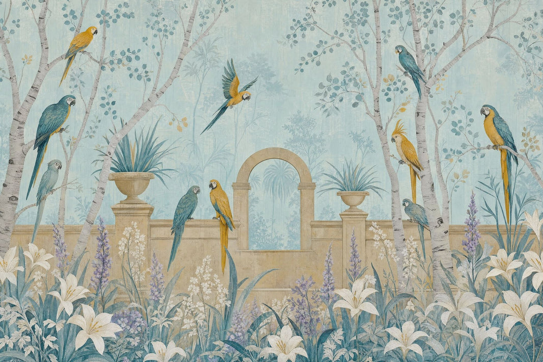 Tropical Parrot Wallpaper Blue Garden Scene Wall Mural pattern artwork