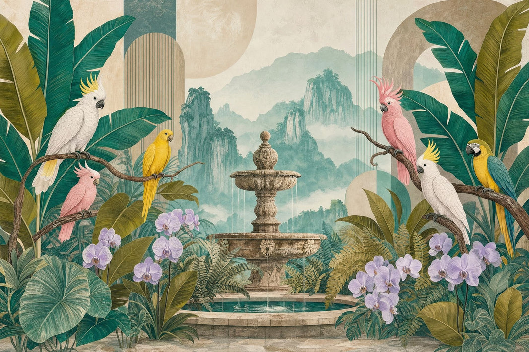 Tropical Parrot Wallpaper Orchid Leaves Botanical Wall Mural pattern artwork