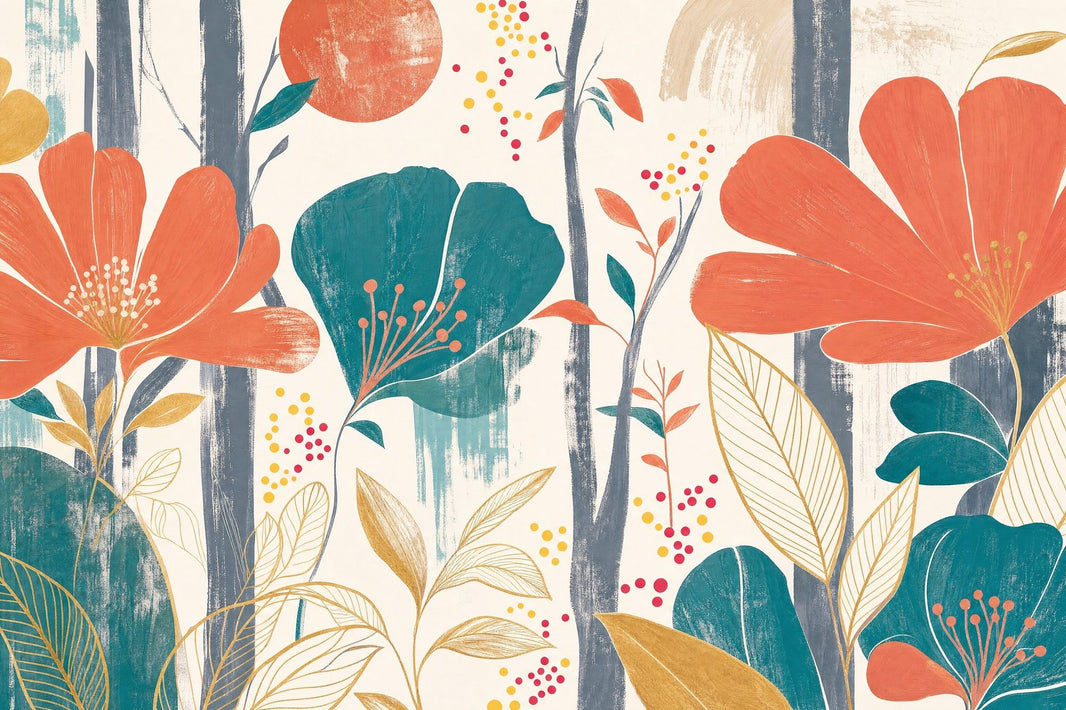 Abstract Floral Wallpaper Oversized Orange Blooms Wall Mural pattern artwork